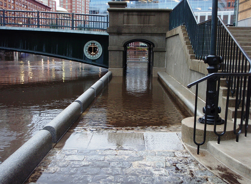 On Dec. 12, 2008, Waterplace Park in Providence got a wet look at what just 3 feet of sea-level rise will do, as 2.7 feet of flooding washed out much of the area’s riverside walkways. (James Boyd/CRMC)
