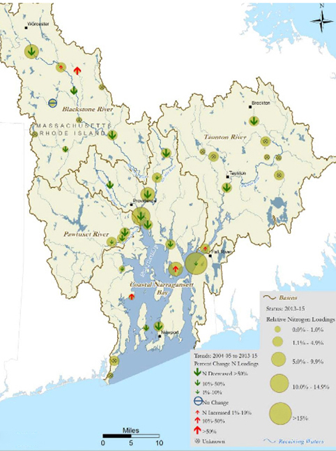 From 2013-2015, the 37 wastewater treatment facilities in the Narragansett Bay watershed discharged nearly 5.4 million pounds of nitrogen annually. (NPEP)