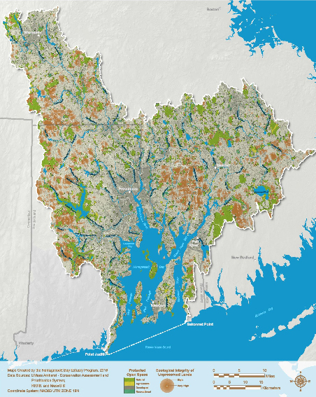 The entire Narragansett Bay watershed contains about 1,090,000 acres, more than 1,700 square miles of land, of which 199,705 acres, 312 square miles, are protected. Of those protected lands, 171,244 acres, 268 square miles, are categorized as protected natural lands, representing 15.7 percent of the entire watershed. (NBEP)