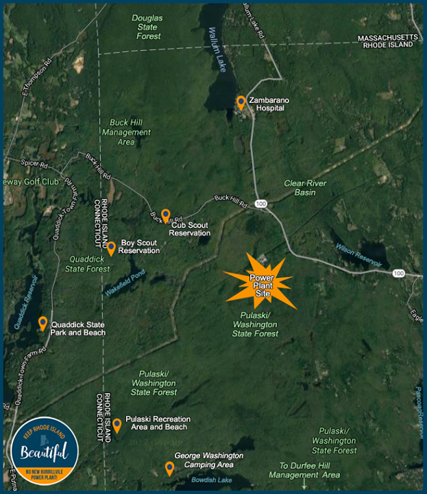 The proposed Invenergy fossil-fuel power plan is sited on the property line of the Pulaski/George Washington State Forest. ( Keep Rhode Island Beautiful )