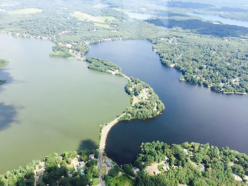 This aerial photo was taken in August 2015 by Halifax Police Chief Ted Broderick. A thick mat of blue-green algae covers much of West Monponsett Pond.