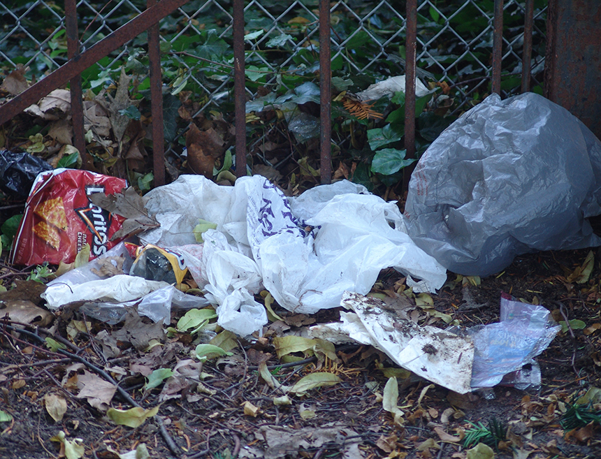 Plastic caught in fences, lying on beaches, hanging out in parks and floating in local waters has costly economic, ecological and public-health impacts. (Frank Carini/ecoRI News)