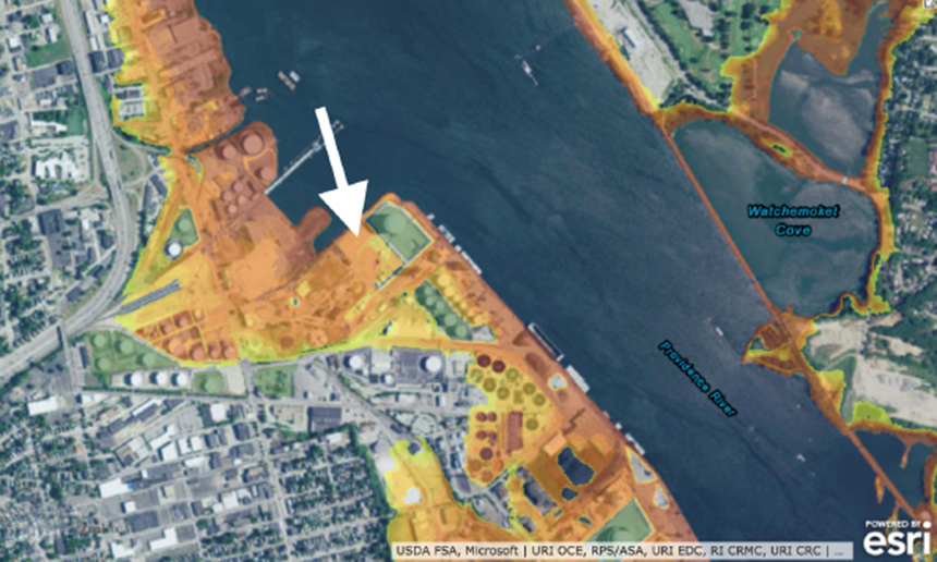 This STORMTOOLS map, developed by the Coastal Resources Management Council and the University of Rhode Island, shows the depth of water during a 100-year coastal storm. The arrow points to where the LNG facility is proposed to be built on the Providence waterfront.