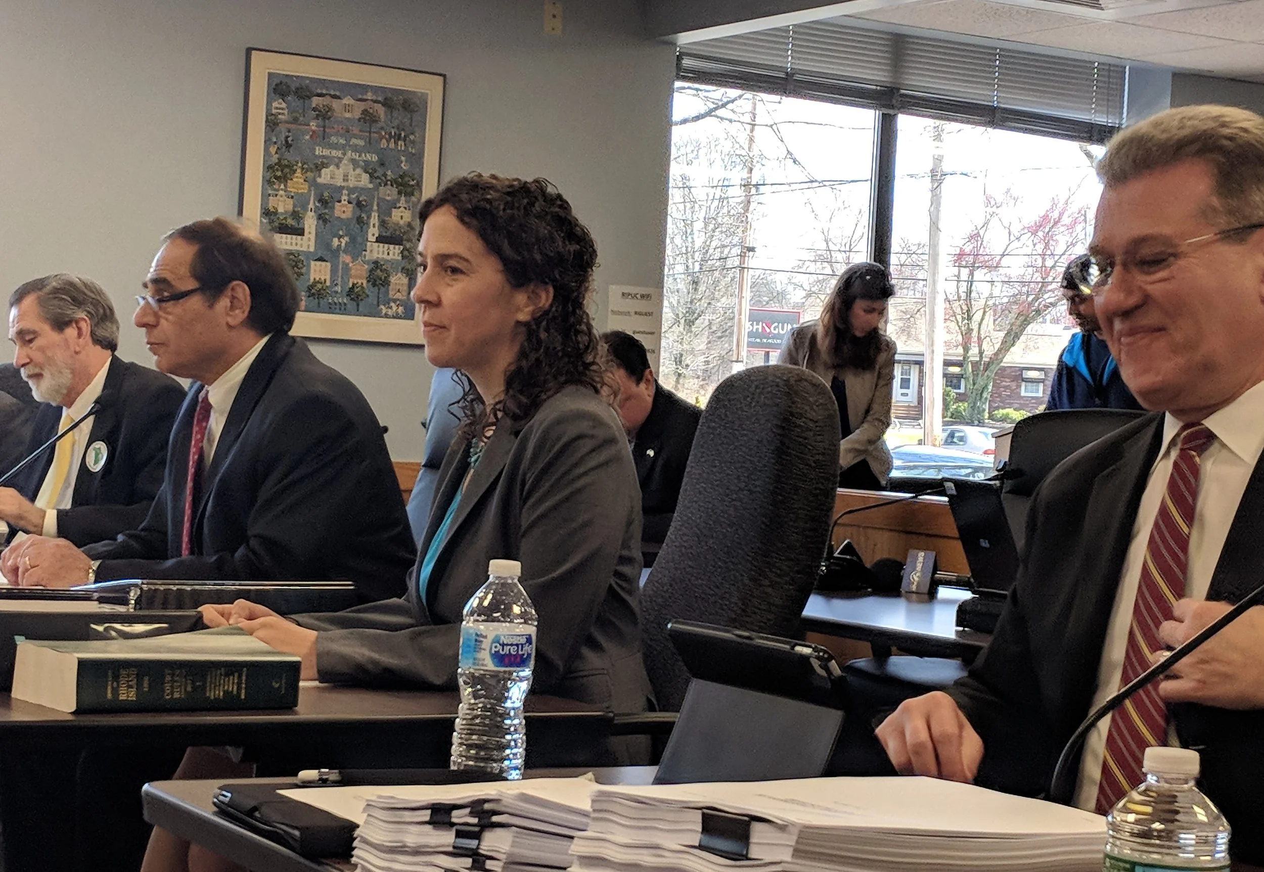 Attorneys delivered opening statements April 26. Michael McElroy, left, for the town of Burrillville, Jerry Elmer and Amy Moses for the Conservation Law Foundation, and Michael Blazer, right, for Invenergy.