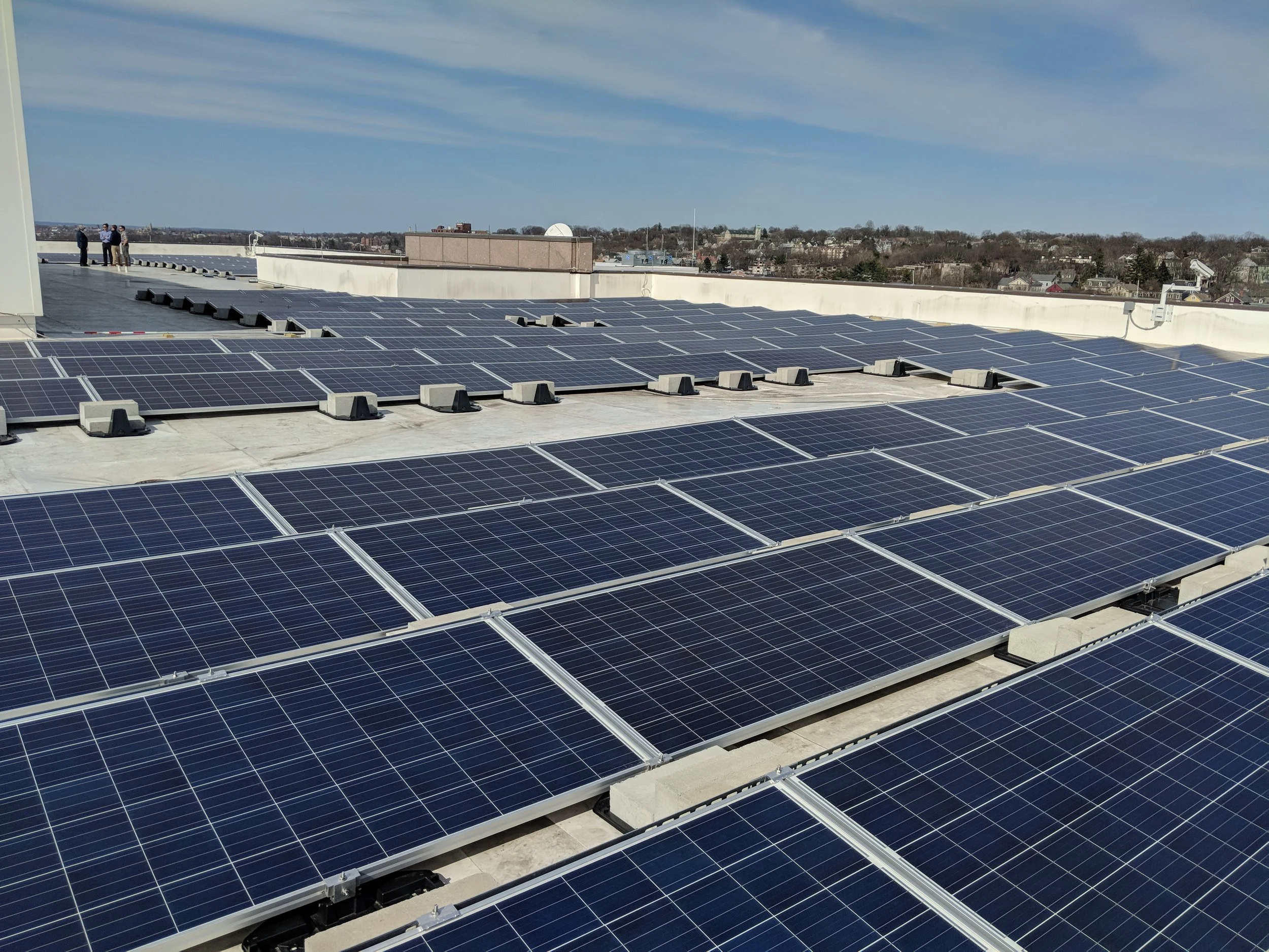 This solar array on the roof of the Office of Administration is one of three Rhode Island government buildings to join the Lead by Example initiative. (Tim Faulkner/ecoRI News)