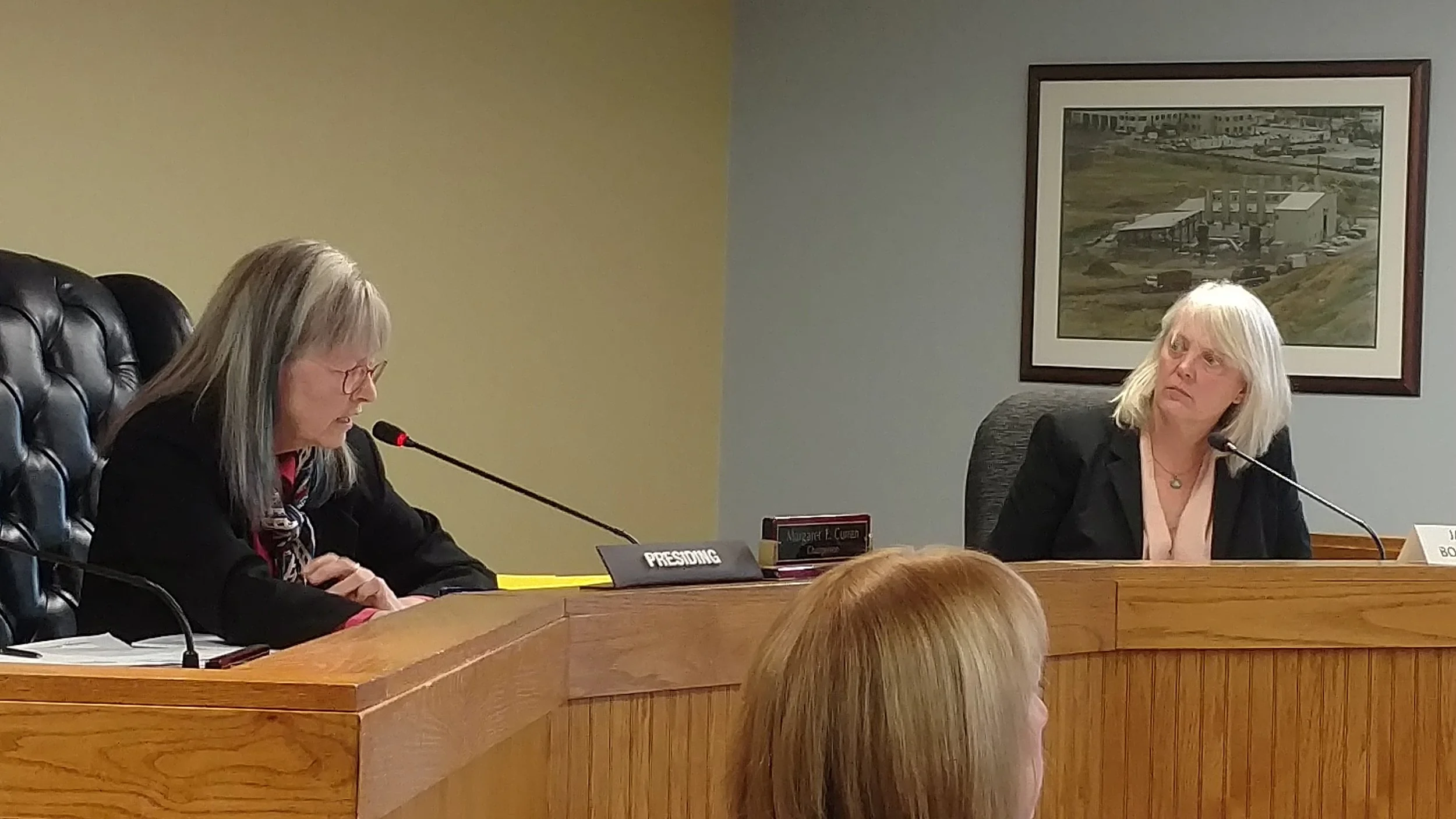 Margaret Curran, left, and Janet Coit are the remaining members of the Energy Facilities Siting Board. A bill moving through the General Assembly expands the board from three to seven members. (Tim Faulkner/ecoRI News)