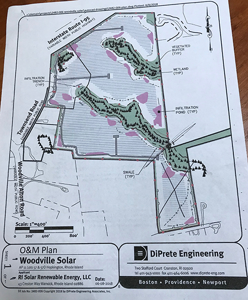 Anthony DelVicario of Rhode Island Solar Renewable Energy LLC wants to install thousands of solar panels to generate 13.8 megawatts of electricity on nearly 62 acres of privately owned forestland off Route 91. Much of the rectangular parcel at the bottom that fronts Old Deport Road has been removed from the project's footprint. (Hopkinton Planning Board/ecoRI News photos)