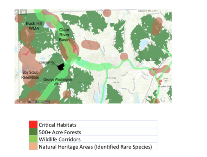 The proposed Clear River Energy Center site, shown here in black, is surrounded by wildlife management areas and popular public recreation destinations. Burrillville's other fossil-fuel power plant, Ocean State Power, was built near the Rhode Island border with Massachusetts, not far from the Black Hut Management Area, the large green area pictured here with Spring Lake at top right. (Rhode Island Wildlife Action Plan)