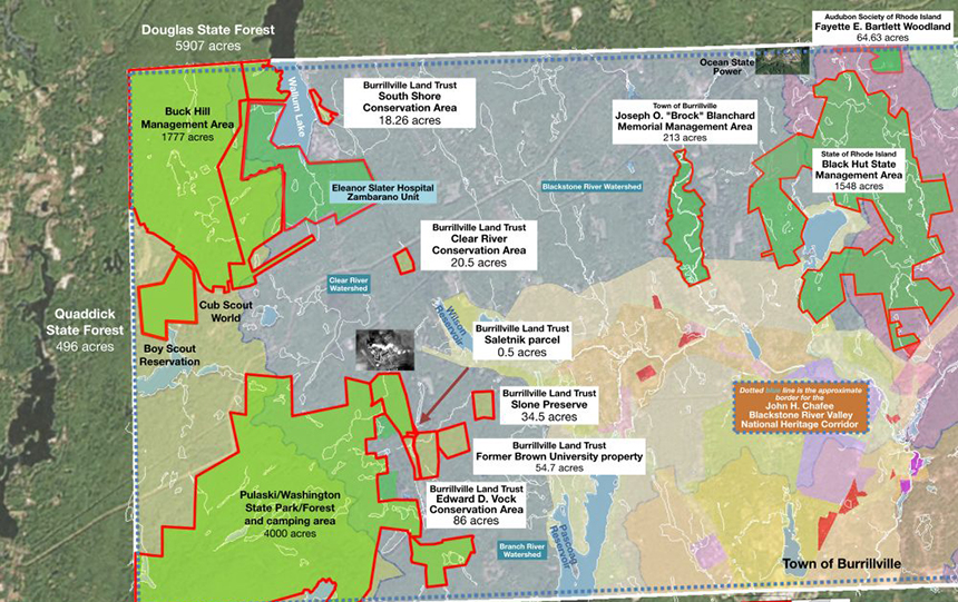 This map shows the amount of conservation land that surrounds the site of the proposed Clear River Energy Center, the black and white box above the Pulaski/Washington area. (Burrillville Land Trust)