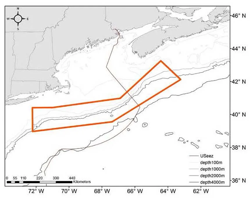 The operating area for the recent survey in U.S. and Canadian waters is shown in the orange box. The black line from the far eastern coast of Maine out to sea is the U.S.-Canada maritime boundary known as the Hague Line. The lighter curved lines from lower left to top right mark depth contours. (Danielle Cholewiak/NOAA Fisheries)