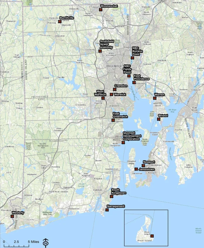 This map shows the locations of the discharge points for each of Rhode Island’s 19 major municipal wastewater treatment plants. (DEM)