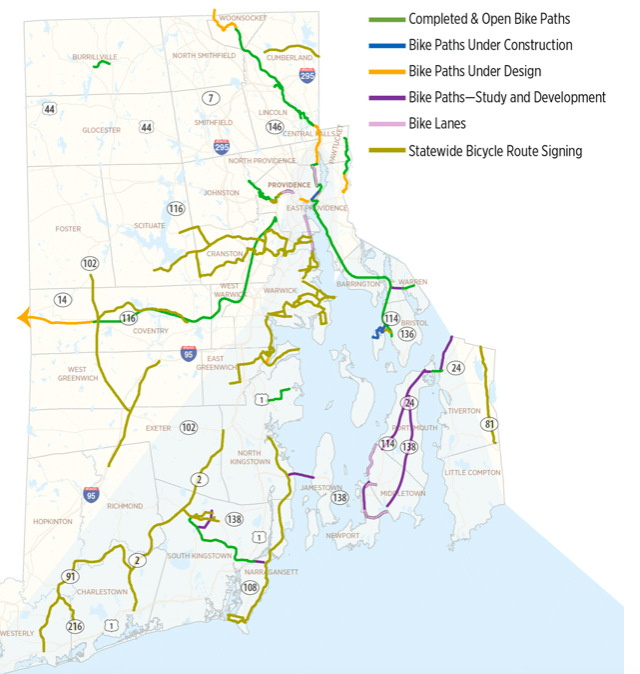 The Rhode Island bikeway master plan recommends increasing and connecting bike paths. (Department of Administration’s Division of Statewide Planning)
