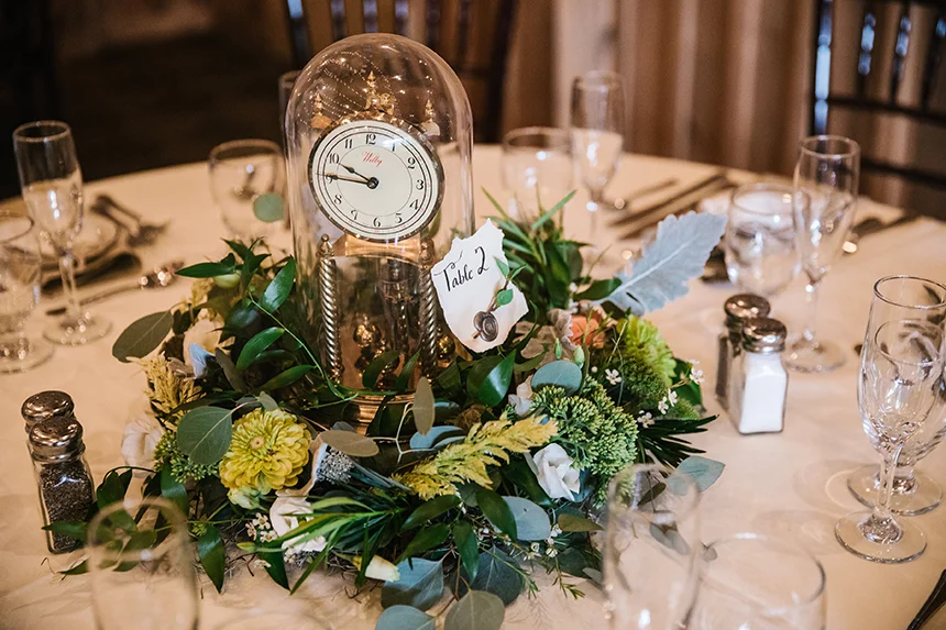 Much of the wedding’s decor, favors, table settings, and rings were found, borrowed, or bought secondhand.