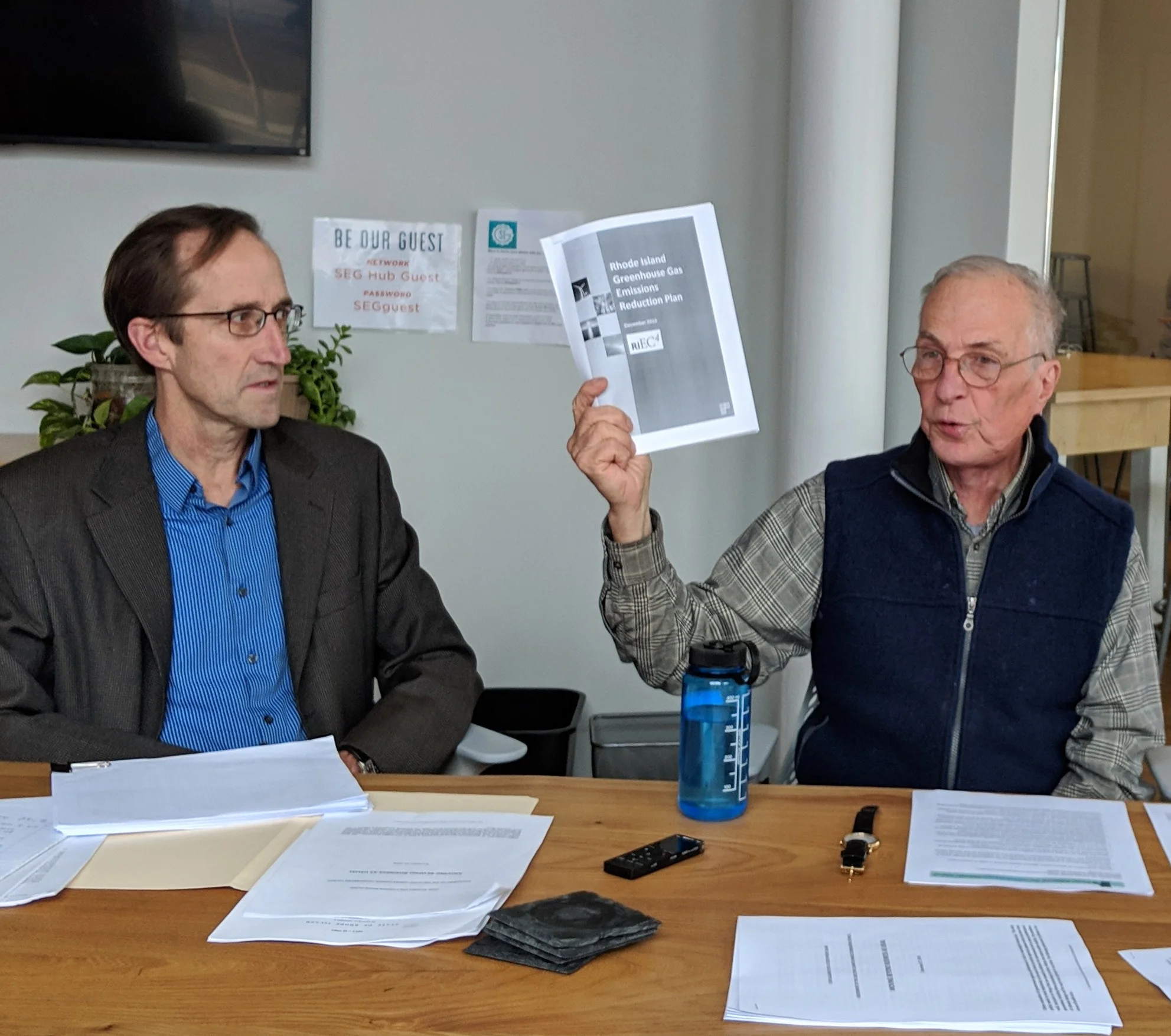 J. Timmons Roberts, left, and Ken Payne at a press event for the release of an assessment of the Rhode Island climate council. (Tim Faulkner/ecoRI News)