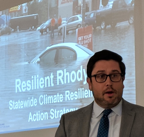 Shaun O'Rourke, the state's chief resiliency officer, delivered a climate mitigation plan to Gov. Gina Raimondo last summer. (ecoRI News)