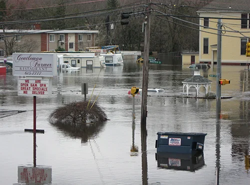 The floods of March 2010 left the intersection of Providence, River and Wakefield streets in West Warwick underwater. (NOAA)