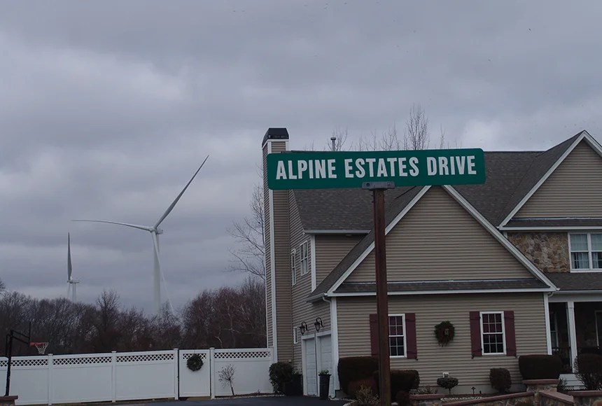 This is the view of the Johnston, R.I., wind turbine facility from Renee Petrone’s Cranston driveway. (Frank Carini/ecoRI News photos)