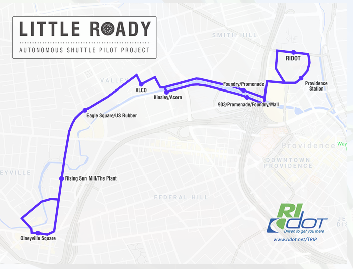 Three to six Little Roady shuttles will run on a 5.3-mille loop between the Providence train station and Olneyville Square. (RIDOT)