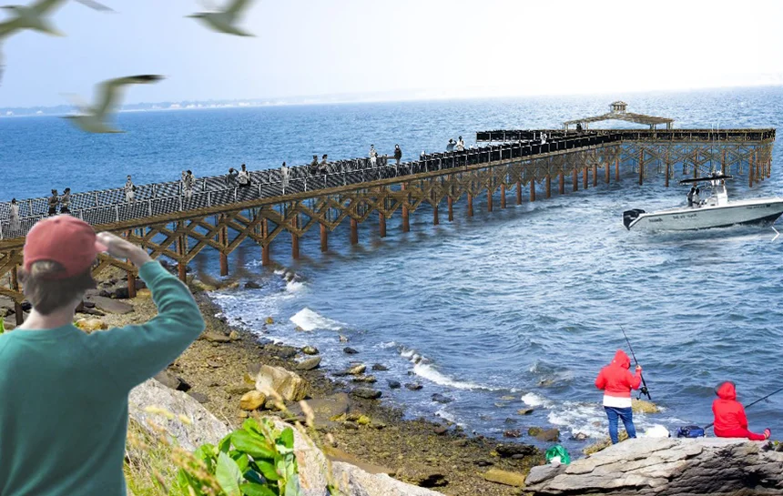 An artist’s rendering of the 280-foot-long pier. Railing heights will vary to allow people of all ages and abilities to see and access the water. (DEM)