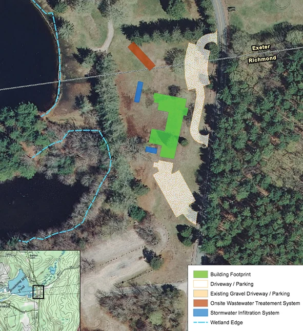 Project opponents say the proposed 13,000-square-foot building, highlighted in green above, planned for next to Browning Mill Pond in the Arcadia Management Area would displace a site popular for picnicking and sledding. (DEM)