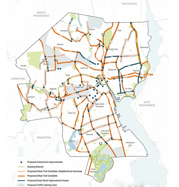 A draft of the proposed citywide urban trail network includes 32.6 miles of new separated on-road bike lanes, 1.1 miles of new striped bike lanes, and 15.9 miles of new neighborhood greenways. (City of Providence)