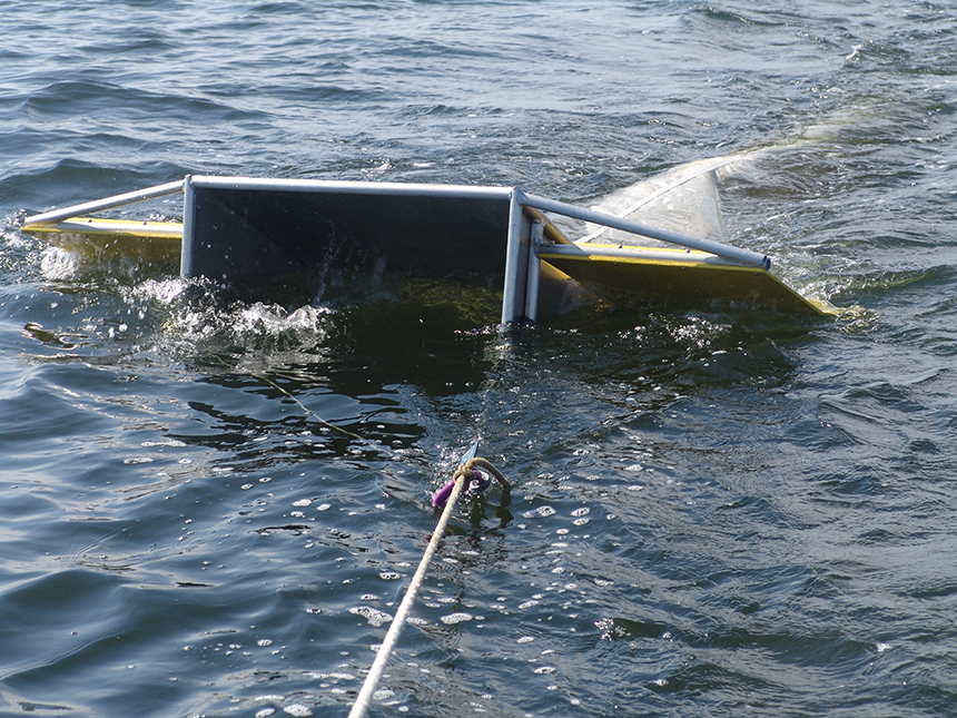 A manta trawl, so named because it resembles a manta ray, is a net system for sampling the surface of the ocean. It’s useful for collecting plastic pieces, both large and small. (Frank Carini/ecoRI News photos)