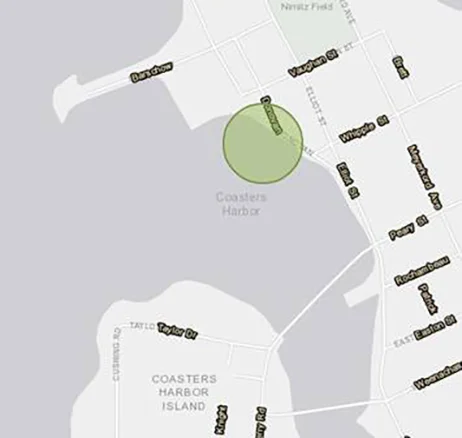 The sewage overflow site, shaded in green, is just east of a large area that already is prohibited to harvesting shellfish. (DEM)