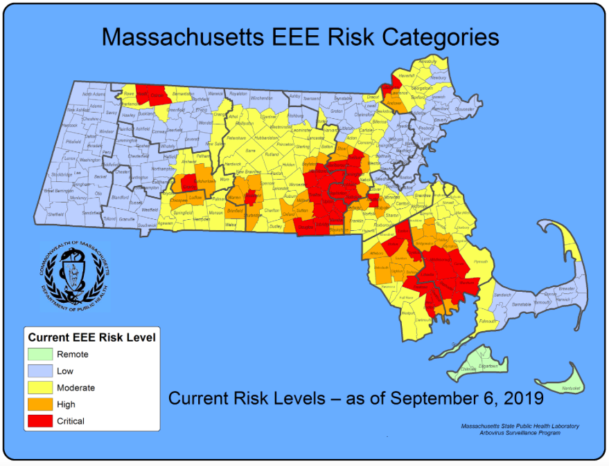 In Massachusetts, 36 communities are classified at critical risk, 42 at high risk, and 115 at moderate risk for the EEE virus. (Massachusetts Department of Environmental Protection)