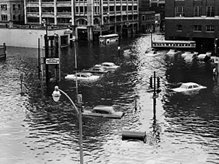 Hurricane Carol in 1954, as did the hurricane of 1938, left downtown Providence flooded. (Brown University)