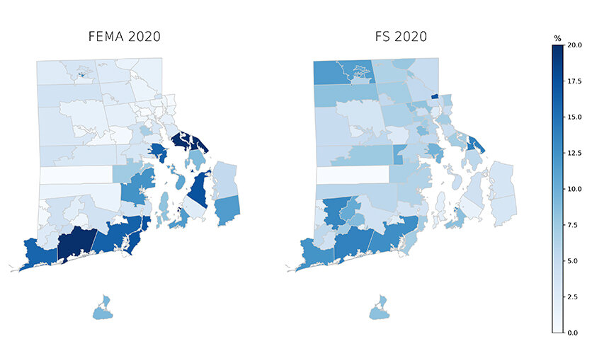 The First Street Foundation (FS) model shows an increase in flood risk across Rhode Island. Flooding risks are by zip code. (Roger Warburton/ecoRI News)