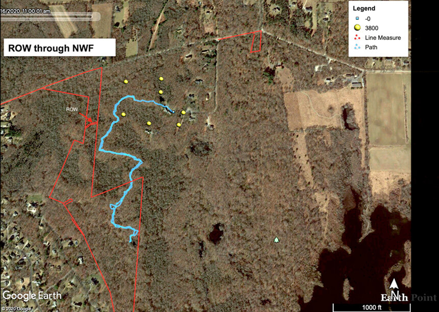 This map created by William Ohley shows the location of the right of way (ROW) in the 1982 deed from the Young family to the U.S. government. The path connects two Land N Sea subdivision open spaces and is in a zone allowed for hunting. Ohley said the blue trail is where neighborhood residents walk, and the yellow markers are their properties. Some of the blue trail is in a hunting-allowed zone.