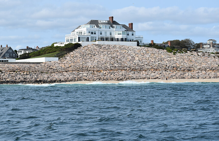 A revetment, a jigsaw of boulders, stands in front of Taylor Swift's Westerly mansion. (Frank Carini/ecoRI News)