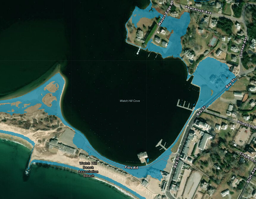 An aerial view of Watch Hill Cove showing projected sea-level rise.