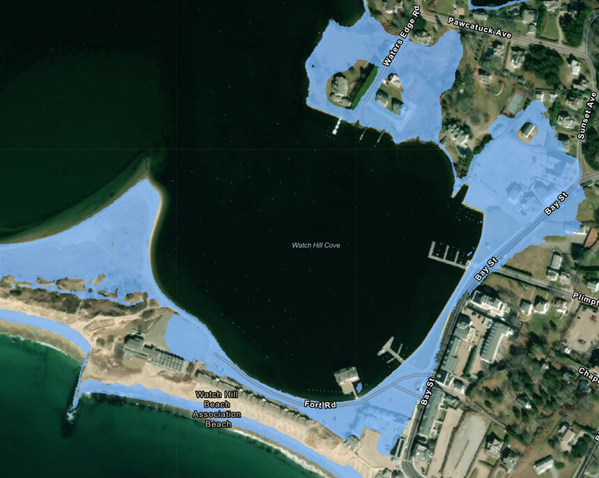 Another aerial view of Watch Hill Cove showing projected sea-level rise.
