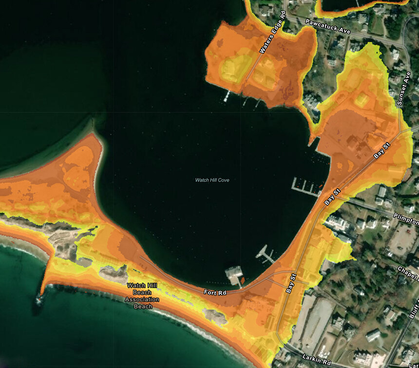 An aerial view of Watch Hill Cove with projections of storm damage radius.