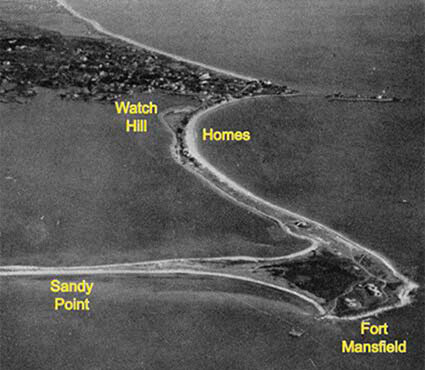 Before the hurricane of 1938 arrived, 39 homes lined Napatree Point’s barrier beach and Sandy Point was connected to the peninsula. (Watch Hill Conservancy)