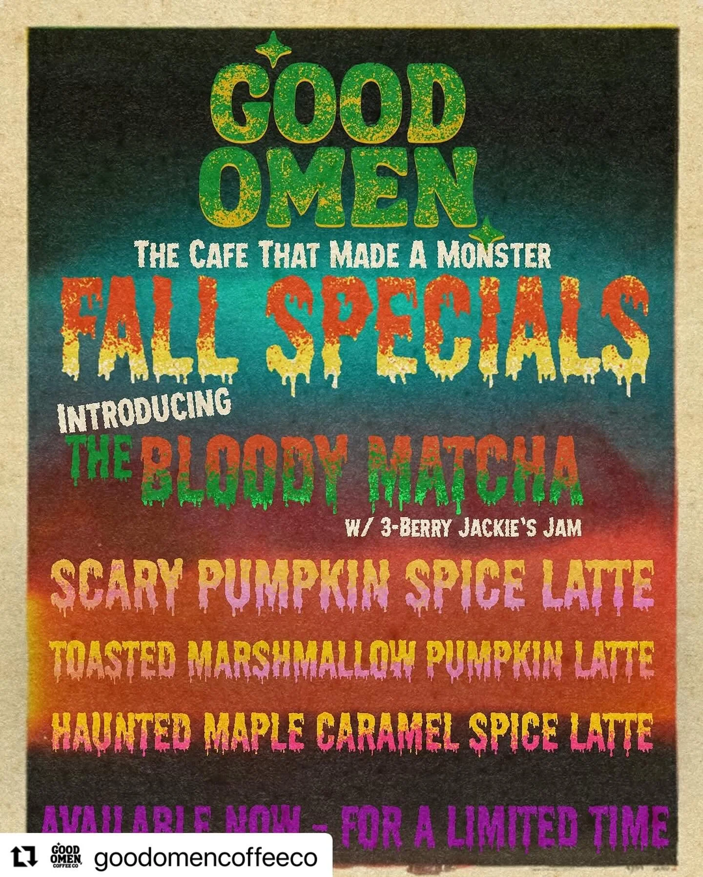 NEW CUSTOMER ALERT @goodomencoffeeco.  MATCHA WITH @jackiesjams 
&shy;🎃 Our Spooky Season Sips Have Arrived! 🍂

Get ready for a lineup of drinks that are as delicious as they are eerie:

🧛 The Bloody Matcha &ndash; A vibrant matcha latte swirled w