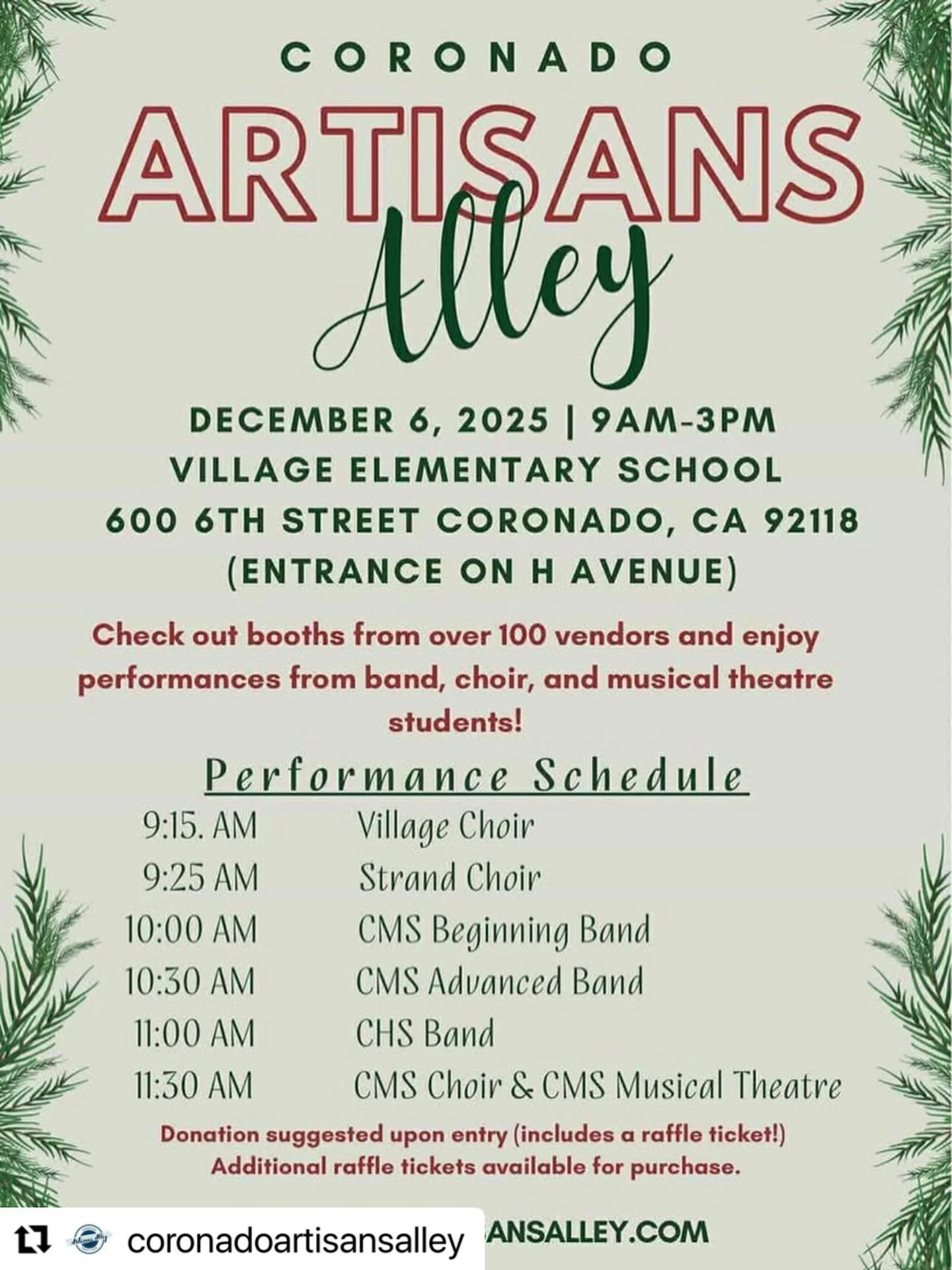 🎄✨🎄 Join Us Today, December 6th from 9am to 3pm.  Pick up your @jackiesjams and visit with over a 100 vendors, and listen to performances from band, choir, and musical theatre students! 🤩🎶 
coronadoartisansalley.com