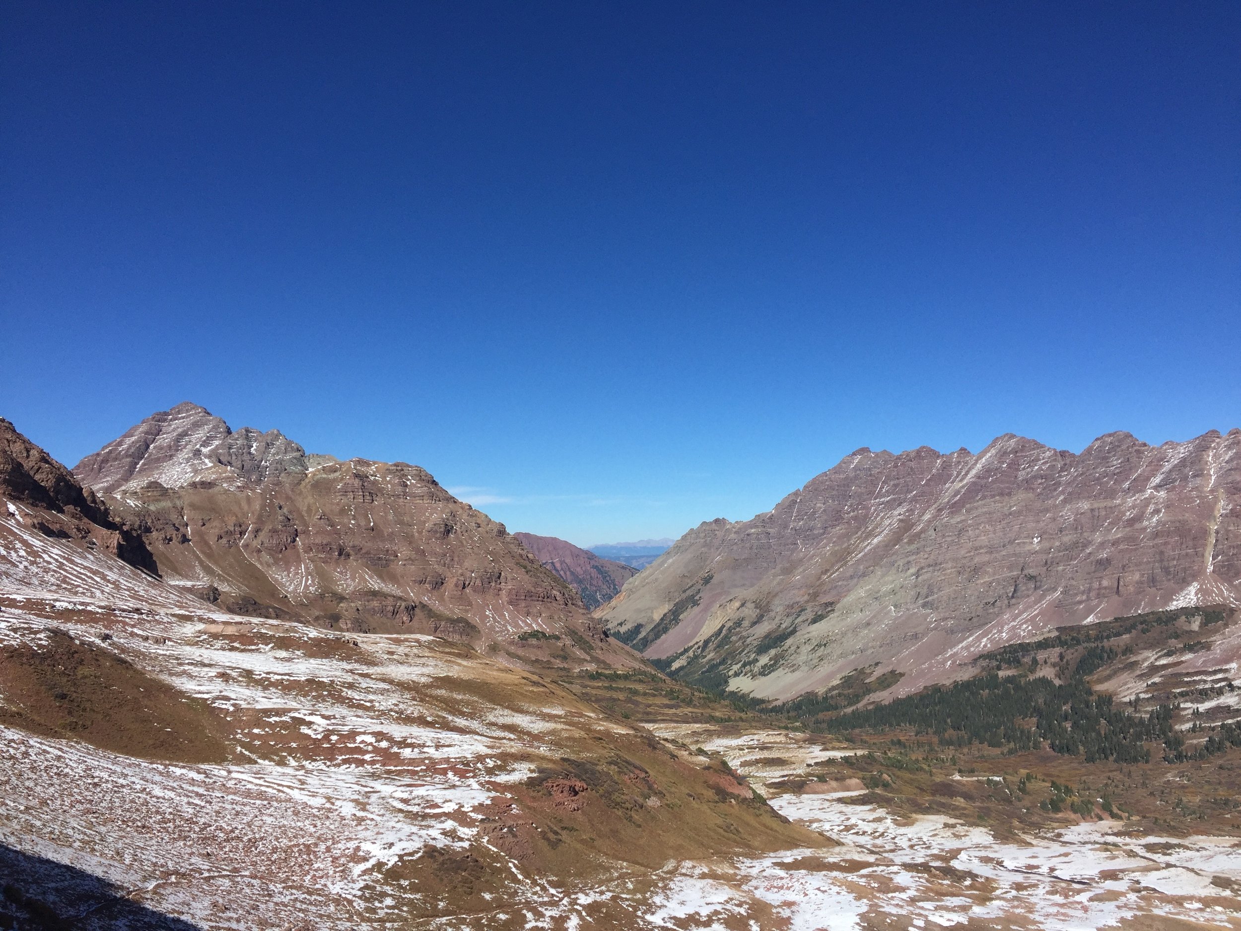 Looking down from West Maroon pass (12,500') and dreaming of the car at the end of this valley.
