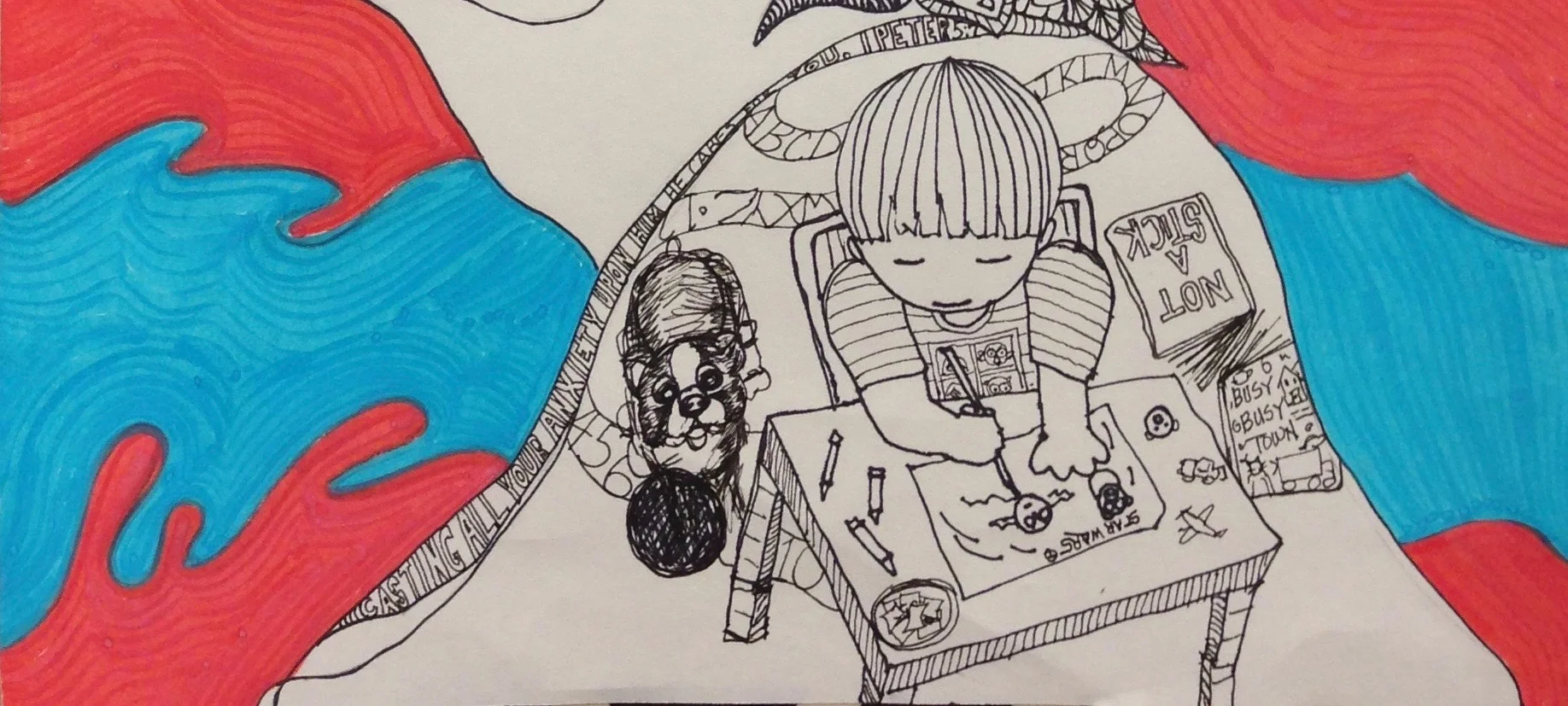 Shoulder section of illustrated self-portrait by Melody Weintraub. Do not reproduce without permission. 2016