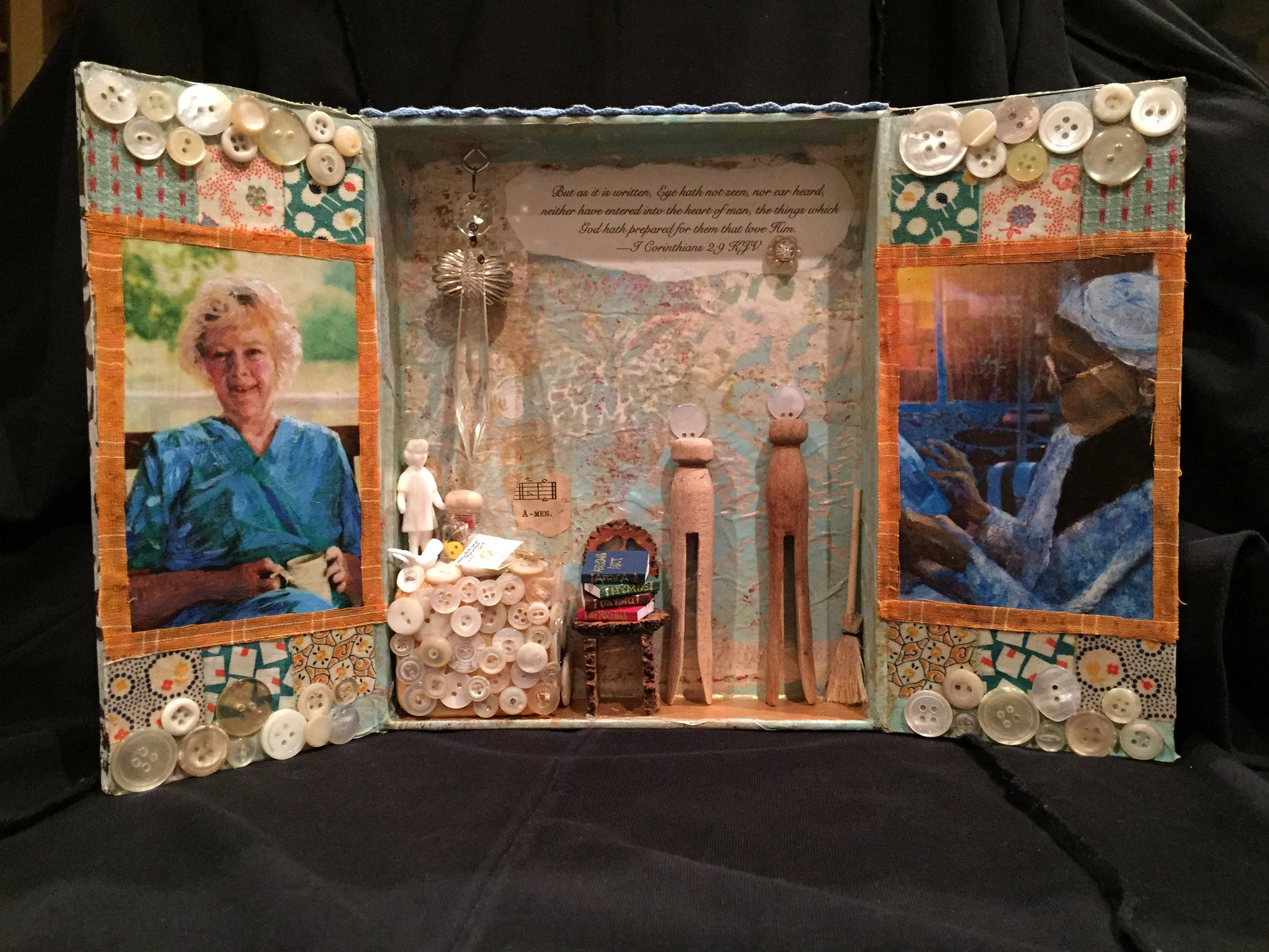  “In Honor of Mama and Aminah,” (2015) Cigar box, music mechanism, buttons, clothes pins, vintage quilt squares, hand-printed papers, found objects, acrylic, watercolor. 