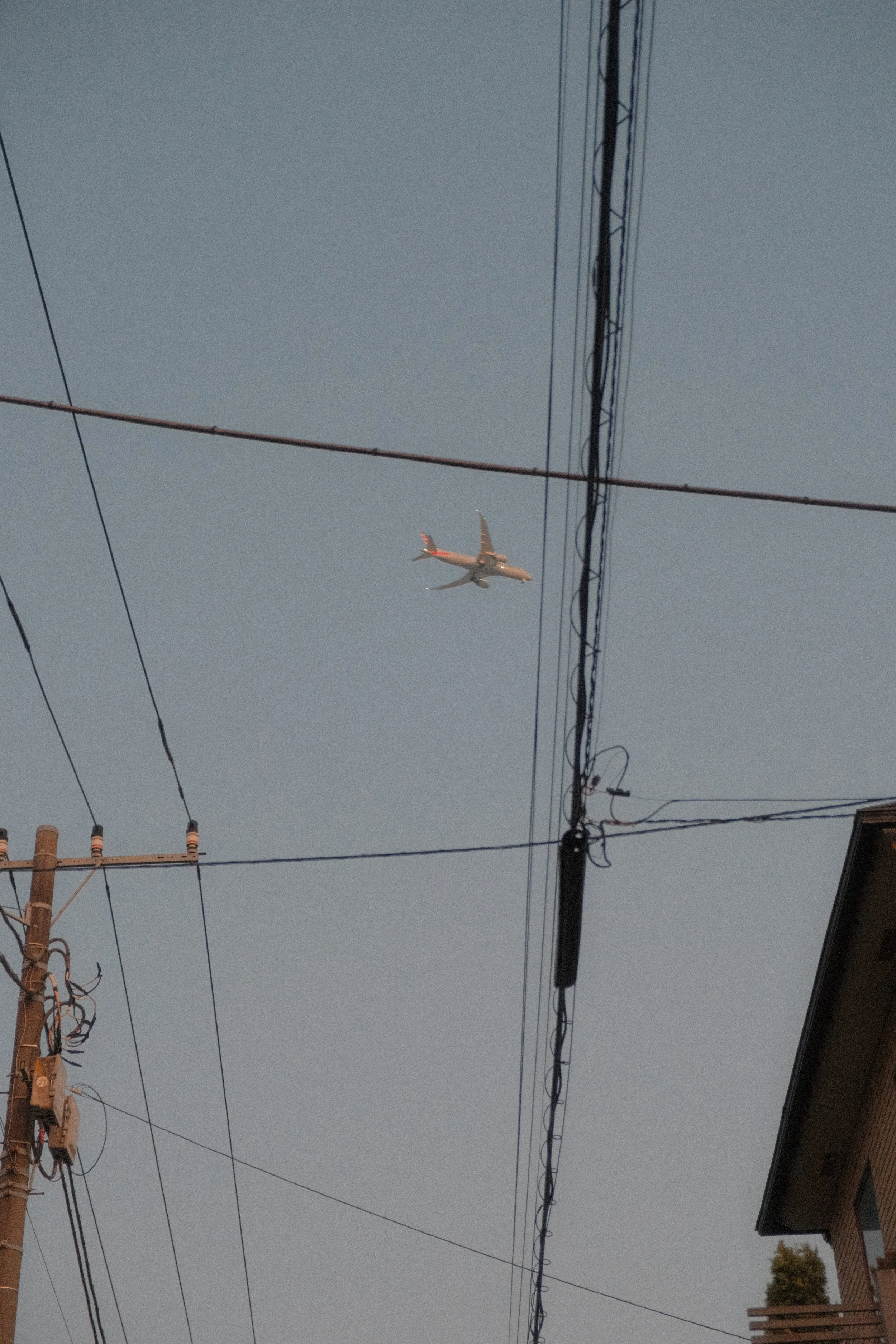 An airplane flying in a clear sky above utility poles and wires.