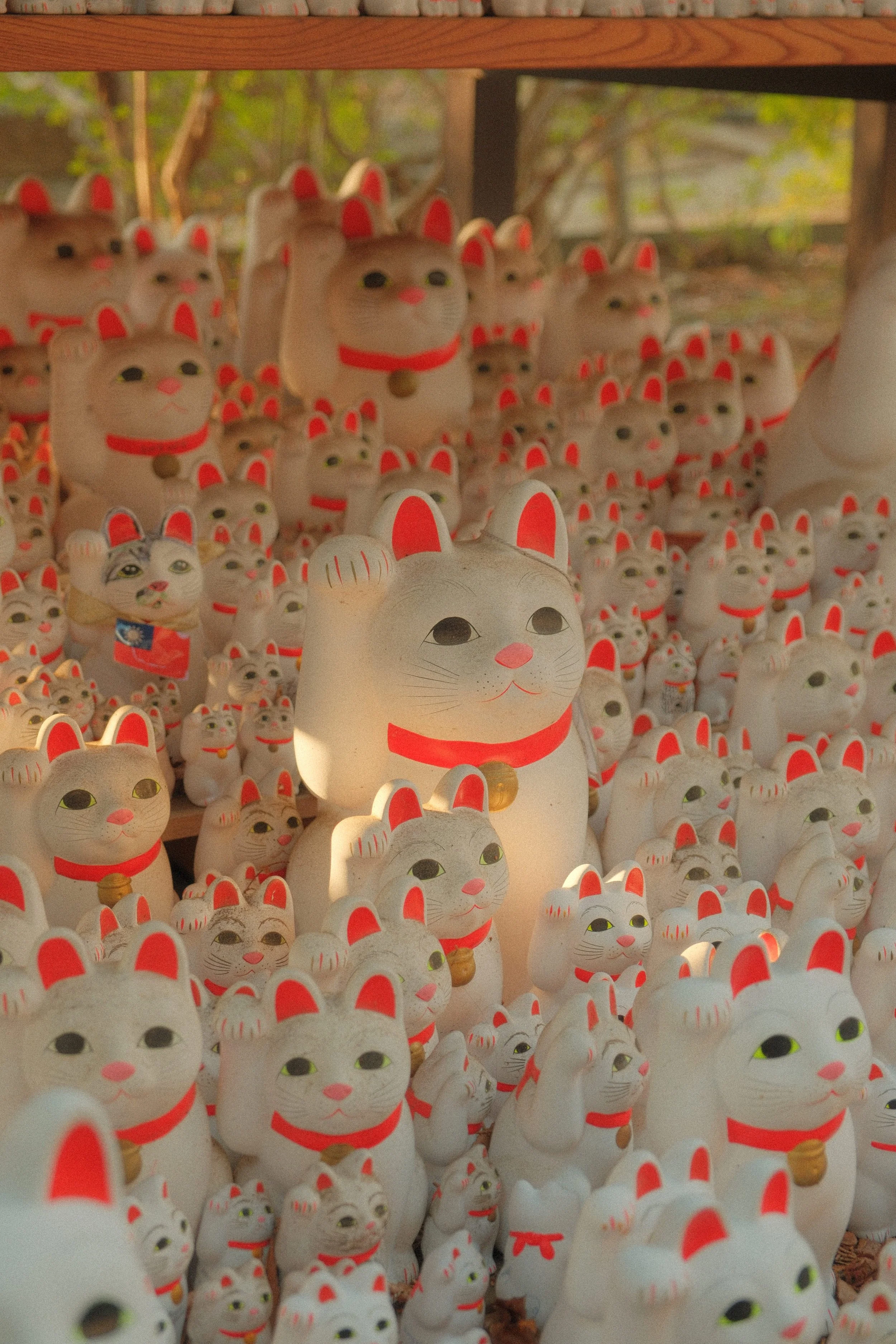 Many white ceramic maneki-neko (beckoning cats) in various sizes, with red ears and collars, some with gold bells, displayed on shelves under a wooden roof.