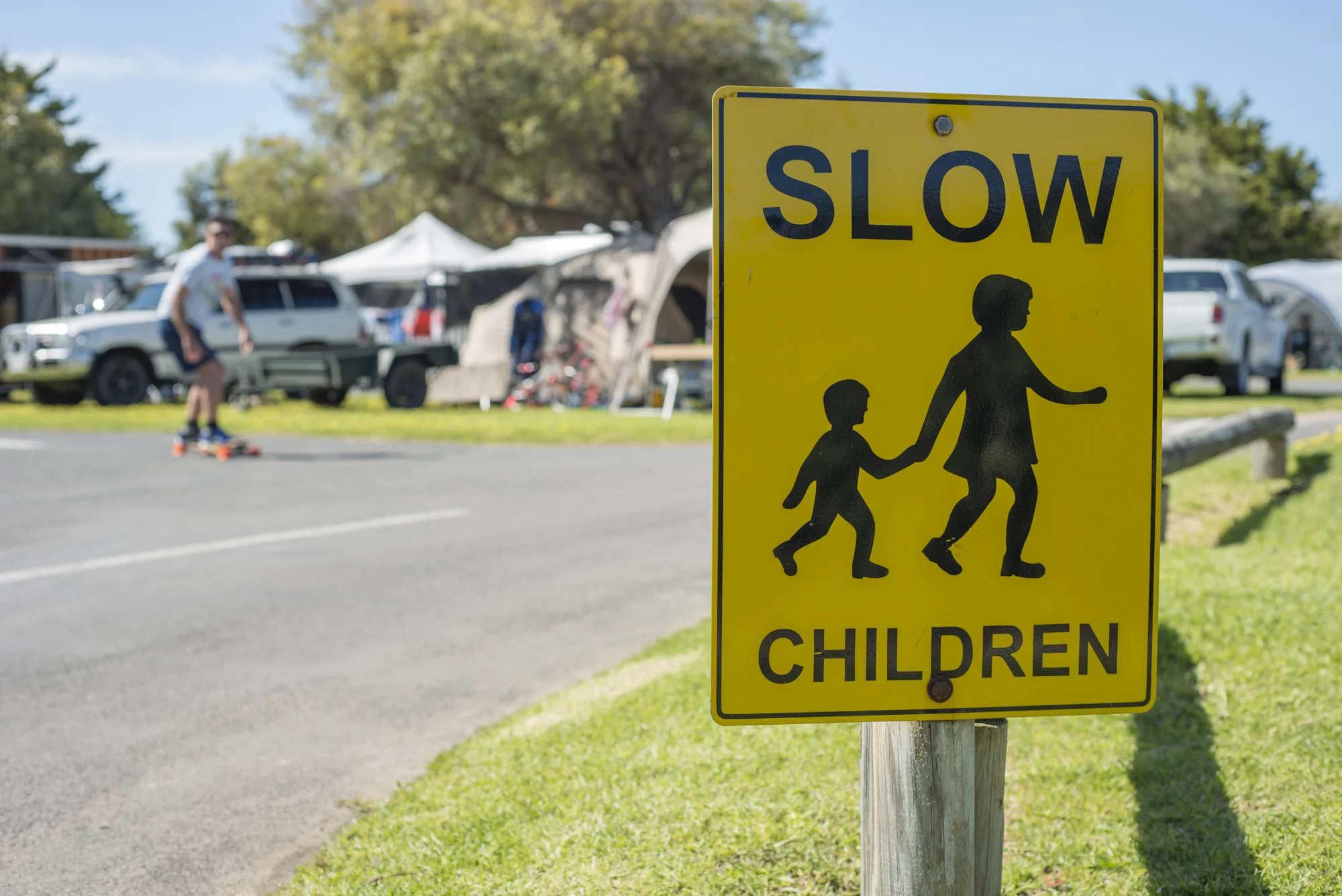 Road rules? Be careful. Most drivers are always on the look out for objects of any kind on the road when in the caravan park.