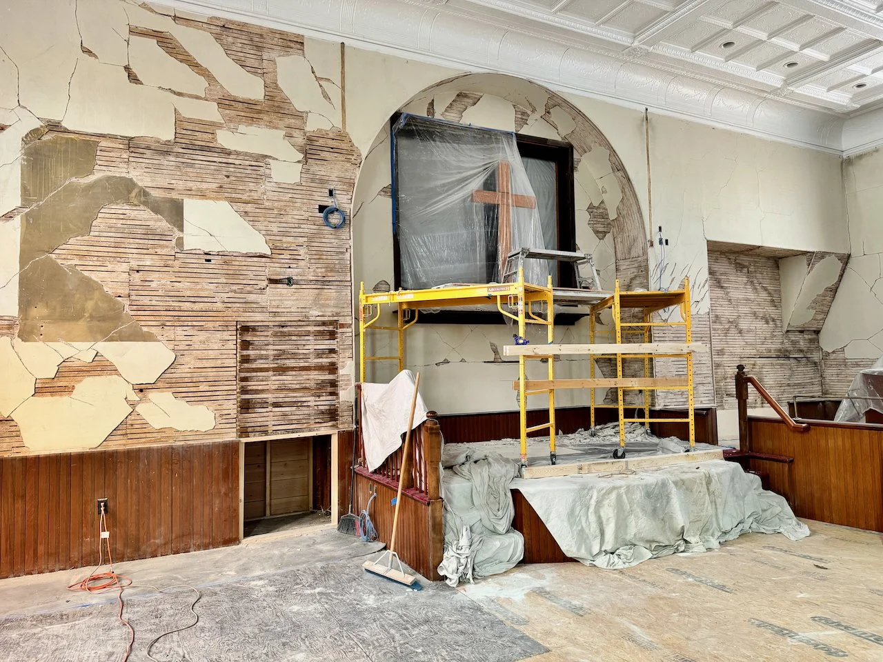 Plaster work commencing in the Meetinghouse Sanctuary
