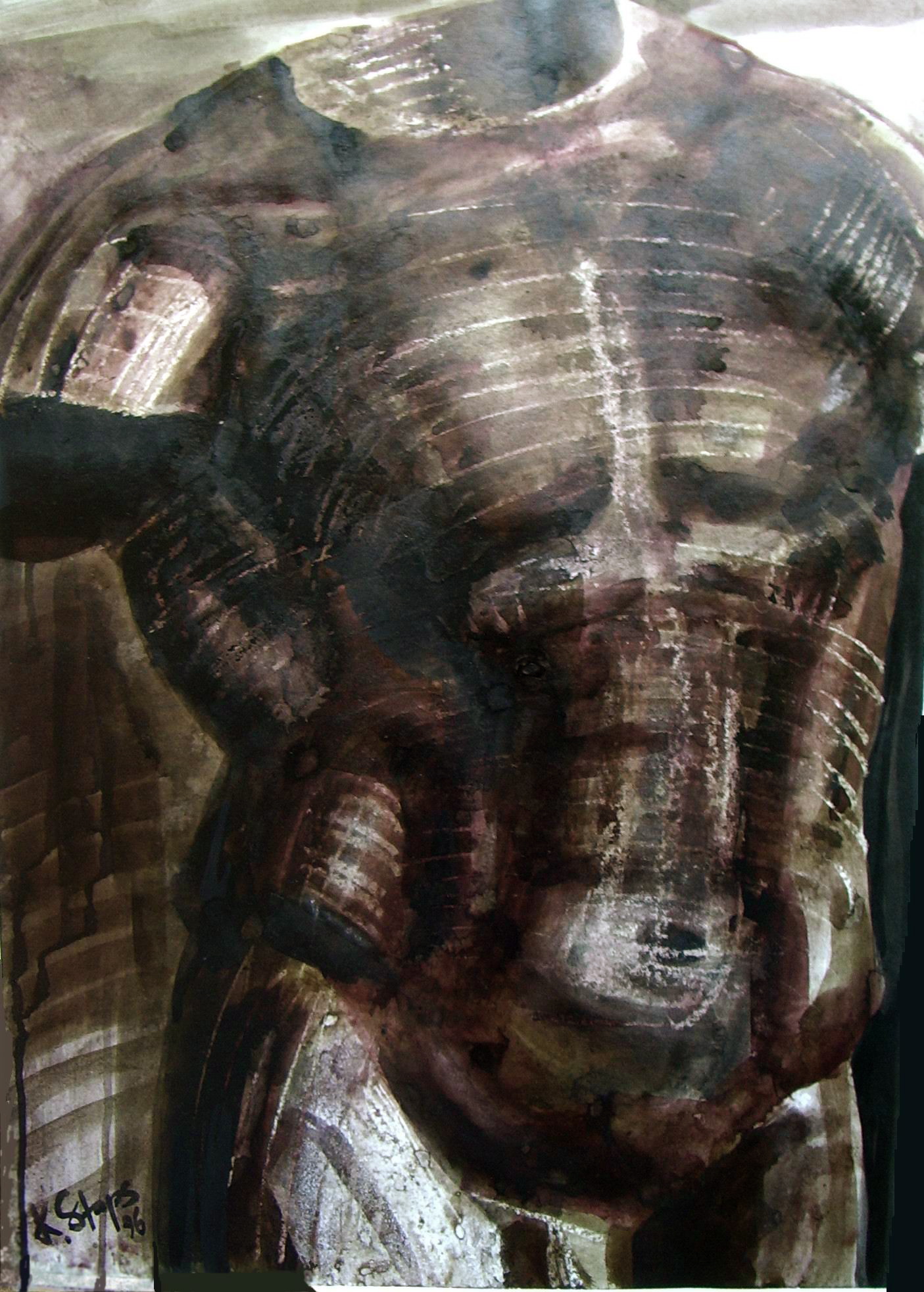  1996, Tusche auf Aquarellkarton,&nbsp;70 x 50 cm  Nach römischer Kopie eines männlichen Torsos (Herakles), 150 n. Chr.,&nbsp;im Albertinum Dresden.       