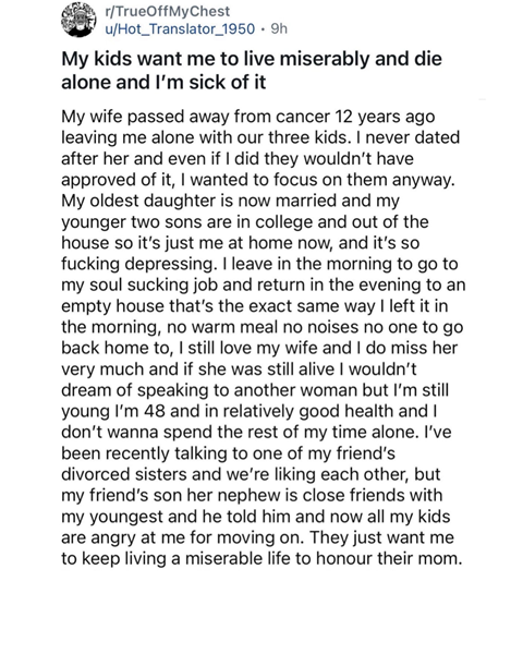 My kids don't want me dating after my wife died