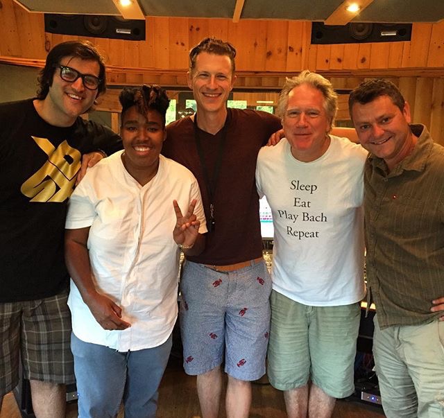 Absolutely brilliant Beat Box/Vocal Percussionist Mark Martin, Billy, Dave, moi and engineer Chris thrilled after Mark completely slayed us with his contribution to Billy's fabulous song Dollar and a Dream . Billy insisted I lay down some funky bass lines as well as guitars!!! Too much fun!