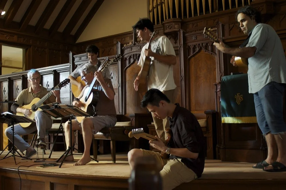 John Dearman, Jeff Peterson, Ben Verdery, Ray Zhou, Ian O'Sullivan, and Arash Noori rehearsing at Makawao Union Church (2014)
Photo: John Olson