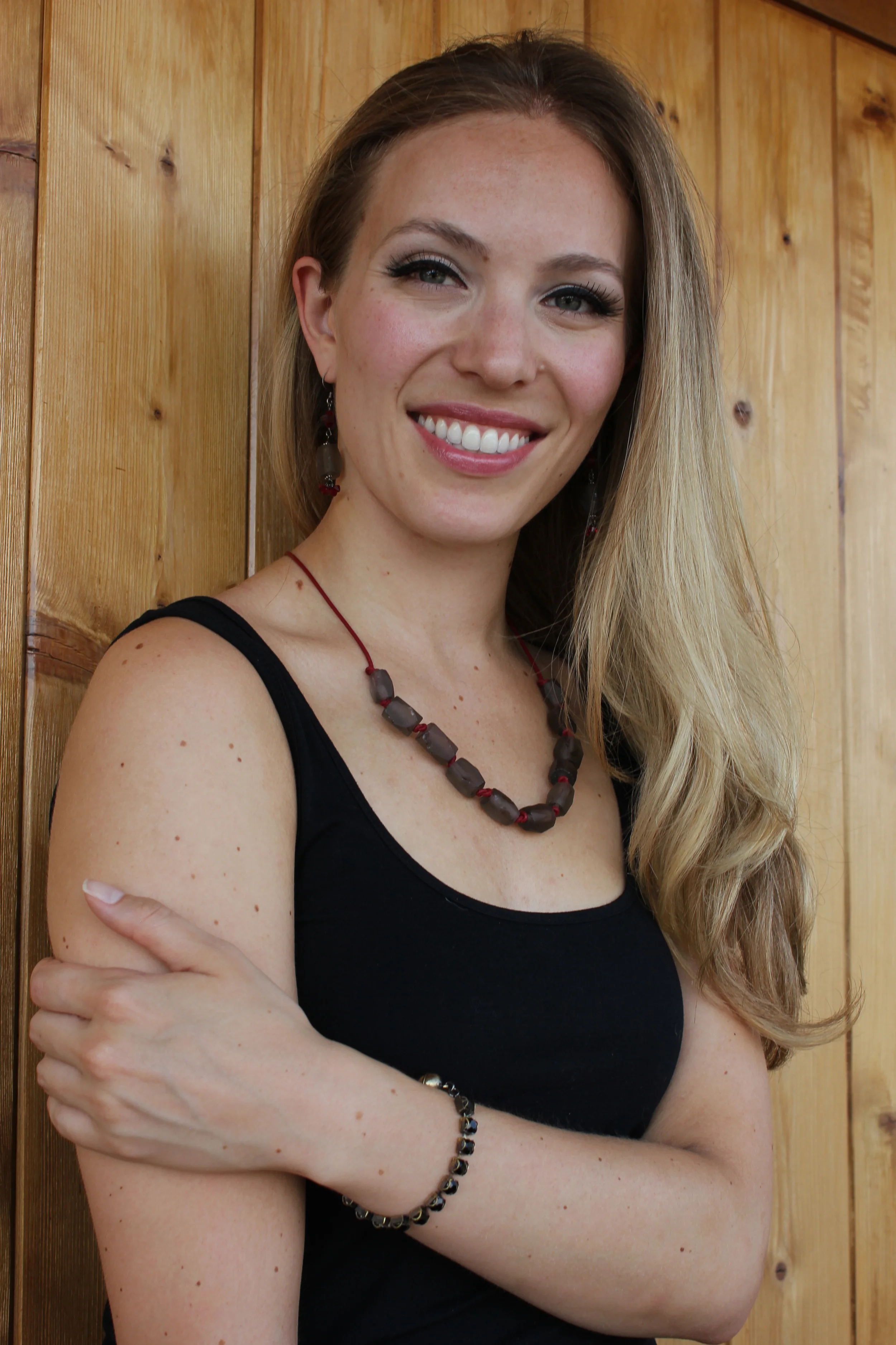 Classically beautiful, this short glass necklace works with any neckline because the length may be adjusted with the Greek leather ties in back, looks equally stunning as a choker with the leather ties trailing. ALL LEXIE COLLECTION JEWELRY FEATURED HERE IS AVAILABLE AT www.myrnahalpern.com/shop
